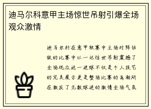 迪马尔科意甲主场惊世吊射引爆全场观众激情
