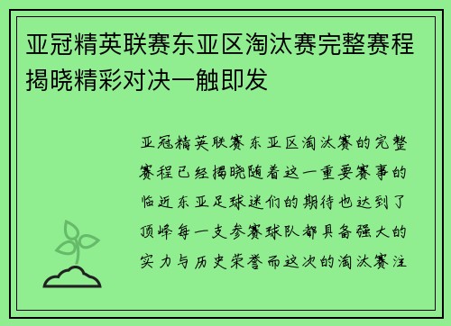 亚冠精英联赛东亚区淘汰赛完整赛程揭晓精彩对决一触即发